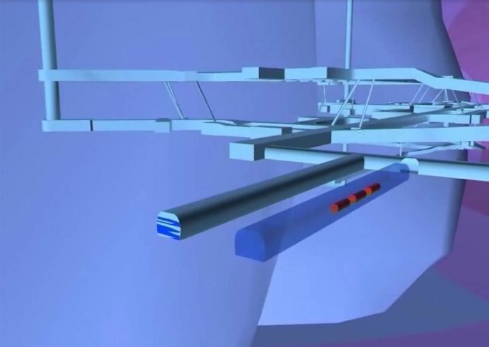 Ausschnitt aus der Simulation eines Endlagerbergwerks. Im Vordergrund wurden drei virtuelle Abfallbehälter in eine Strecke eingebracht, um die Ausbreitung der von ihnen ausgehenden Wärme zu simulieren. 