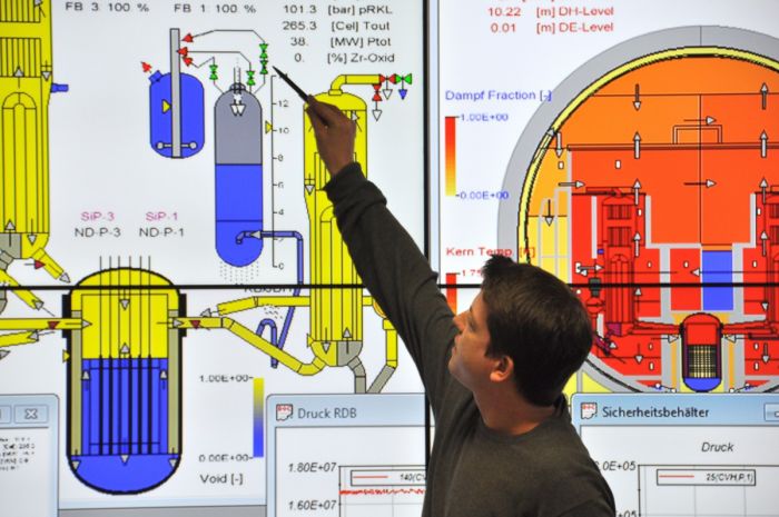 Für Prognosen über mögliche Abläufe eines Unfalls in einem Kernkraftwerk greifen die Fachleute des Notfallstabs der GRS auf die Ergebnisse von Simulationsprogrammen zurück. (Quelle: GRS)
