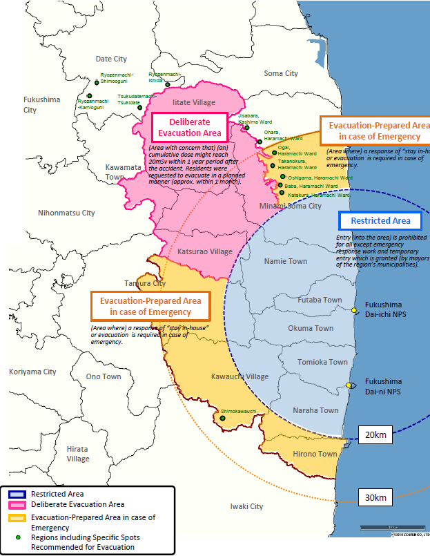 Evakuierungs- und Sperrzonen um Fukushima Daiichi mit Stand August 2011. Die „Evacuation-Prepared Area“ (gelb) wurde Ende September 2011 wieder aufgehoben