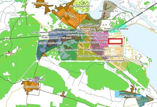 Ausschnitt aus dem Geoinformationssystem (GIS), das an die SSSDB angebunden ist. Darauf sind die Standorte der Waste Dumps flächig markiert und mit dem Kürzel PTLRW (point for temporary localization of radioactive waste) gekennzeichnet. Zur Orientierung: Das rote Rechteck verdeutlicht die Lage der Reaktorblöcke 1-4