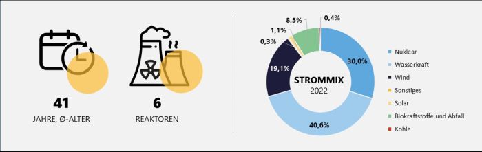 Anzahl der schwedischen KKW und deren Durchschnittsalter und Strommix für 2022