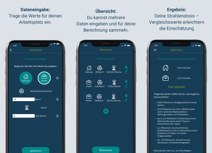 Drei Screenshots der neuen GRS-App Radon Dosis