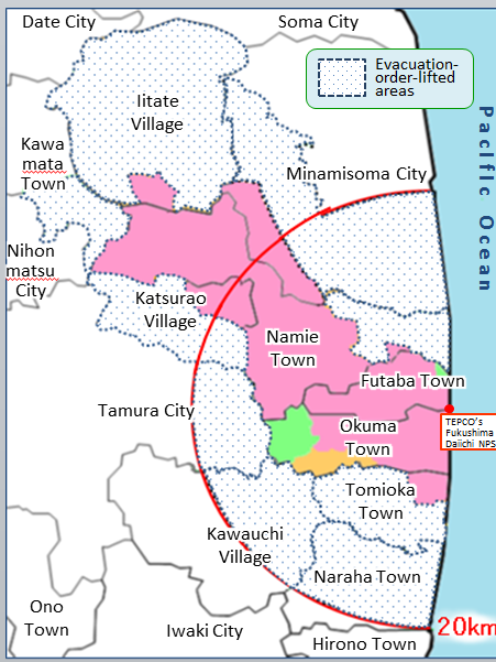 Karte mit wieder bewohnbaren Gebieten, die „restricted zone, die „evacuation order cancellation preparation zone“ und die „difficult-to-return zone 