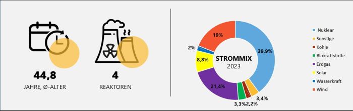 Durchschnittsalter und Anzahl der belgischen Reaktoren sowie Strommix Belgiens