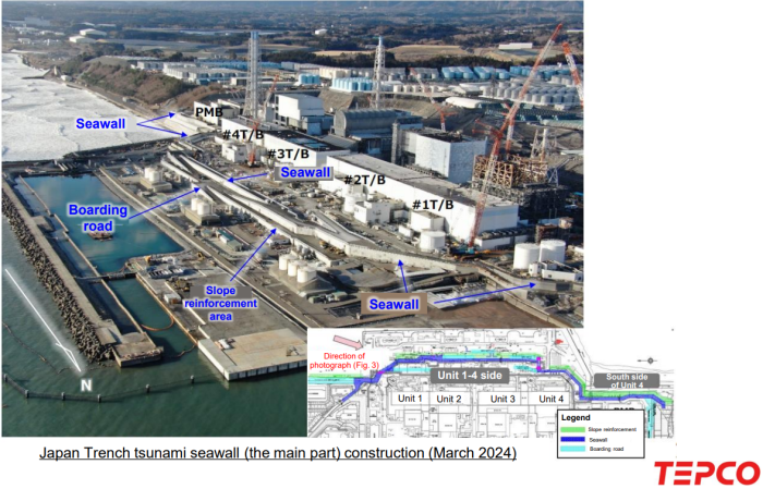 Verlauf der Tsunamischutzmauer auf dem Anlagengelände des Kernkraftwerks Fukushima Daiichi 