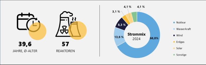 Anzahl und Durchschnittsalter der französischen Kernkraftwerke und prozentuale Zusammensetzung des französischen Strommixes im Jahr 2024. Grafik zu Strommix, Anzahl und Alter der französischen Reaktoren mit Stand 2024