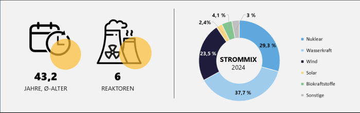 Grafik zu Strommix, Anzahl und Alter der schwedischen Reaktoren mit Stand 2024 