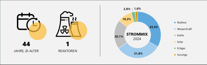 Grafik zu Strommix, Anzahl und Alter der slowenischen Reaktoren mit Stand 2024 