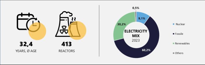 Average age, number of reactors and electricity mix worldwide