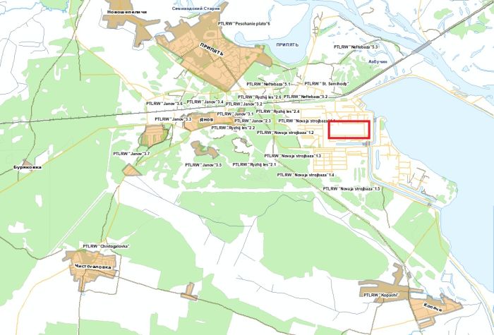 Ausschnitt aus dem Geoinformationssystem (GIS). Darauf sind die Standorte der sogenannten Waste Dumps markiert und mit dem Kürzel PTLRW (point for temporary localization of radioactive waste) gekennzeichnet. Das rote Rechteck verdeutlicht die Lage der Reaktorblöcke 1-4.