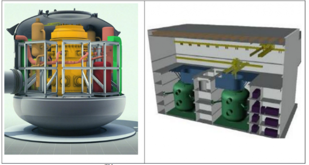 Links: Schnitt durch den Sicherheitsbehälter mit Blick auf den RDB; rechts: Umsetzung einer Anlage mit zwei NUWARD-Einheiten 