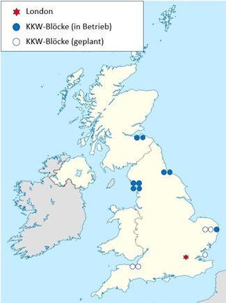 Landkarte UK mit eingezeichneten Kernkraftwerkstandorten