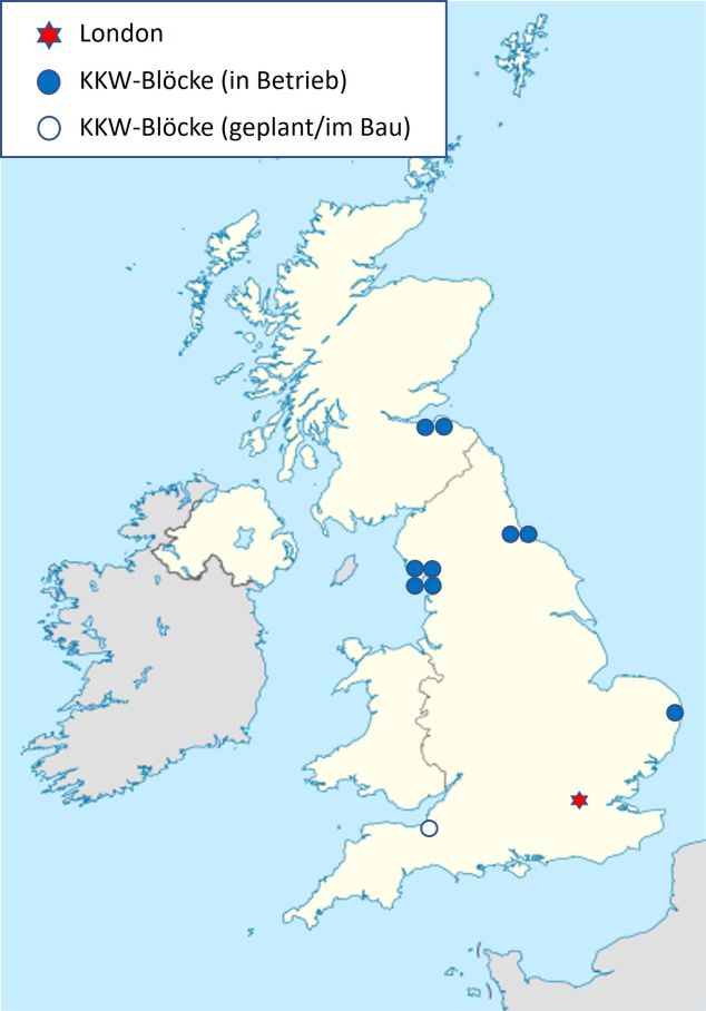 Landkarte Vereinigtes Königreich mit Kraftwerksstandorten