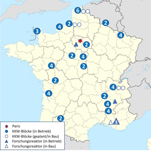 Standorte von Kernkraftwerken und Forschungsreaktoren in Frankreich mit Stand Anfang 2025 Standorte von Kernkraftwerken und Forschungsreaktoren in Frankreich mit Stand Anfang 2025