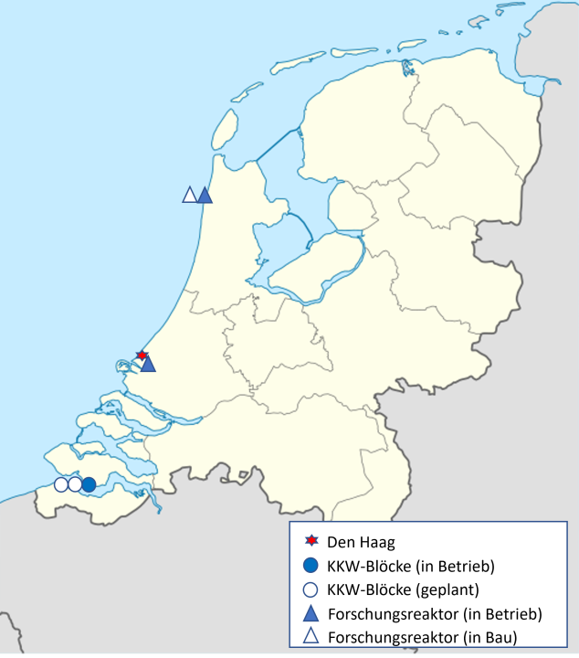 Standorte von Leistungs-und Forschungsreaktoren in den Niederlanden Die Grafik zeigt die Standorte von Leistungs-und Forschungsreaktoren in den Niederlanden, die aktuell betrieben, geplant oder im Bau sind.