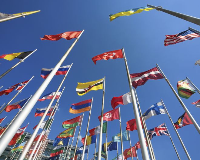 Internationale Flaggen wehen im Wind