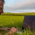 Mann liegt im Gras und arbeitet an einem Laptop