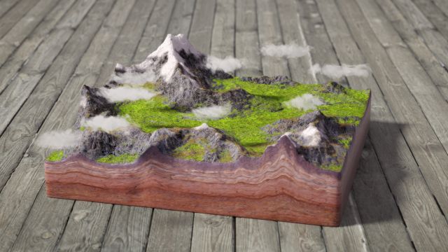 Radiologische Konsequenzenanalyse Visualisierung eines Landschaftsausschnitts mit Erdschichten, Bergen und Wolken