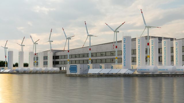 Grüner Wasserstoff Erneuerbare Energien: Windräder, Solar-Panels, Wasserstofftanks